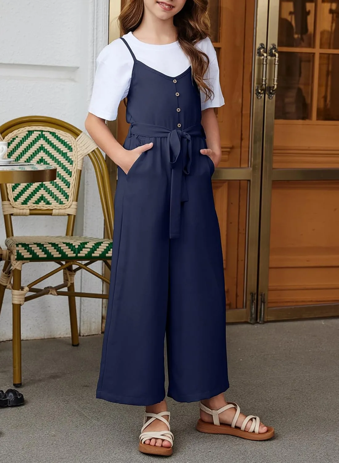 blibean Girls Sleeveless Jumpsuits Belted Wide Leg Romper with Pockets Size 6-15 Years