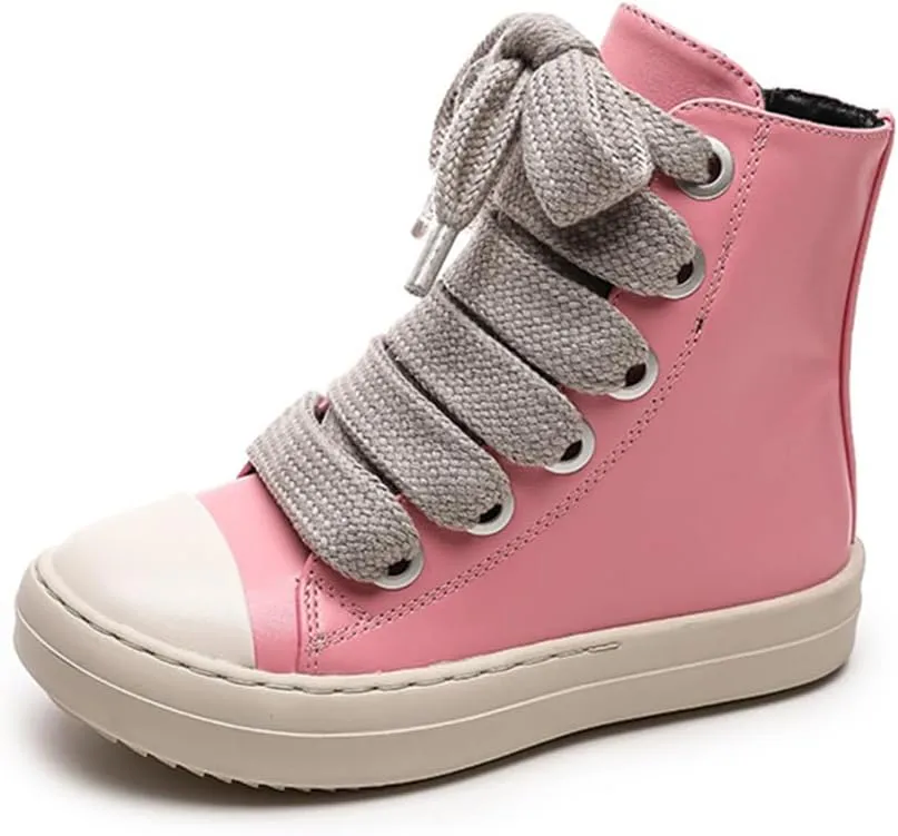 Boys Girls High Top Sneakers PU Leather Lace Up Platform Walking Shoes with Zipper