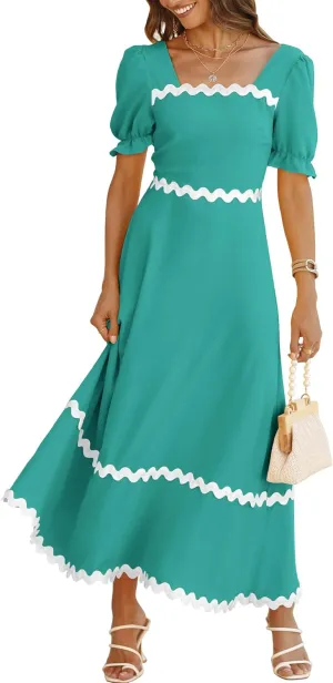 BTFBM Women 2025 Summer Square Neck Short Puff Sleeve Dress Casual RIic Rac Tie Back Smocked Wedding Guest Maxi Dresses