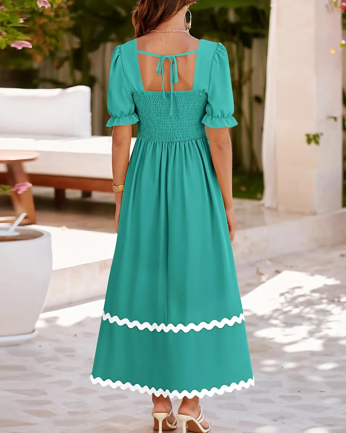 BTFBM Women 2025 Summer Square Neck Short Puff Sleeve Dress Casual RIic Rac Tie Back Smocked Wedding Guest Maxi Dresses