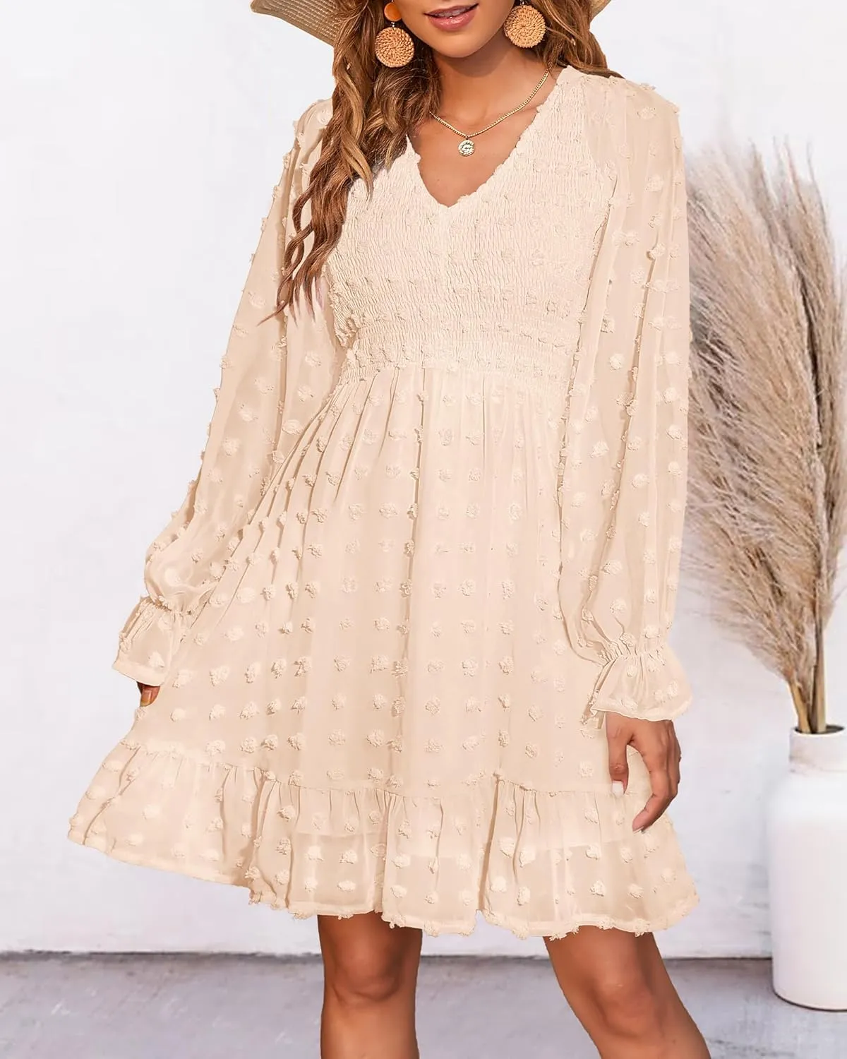 BTFBM Women Smocked Short Dress V Neck Long Sleeve Casual Swiss Dot Ruffle Chiffon Flowy Mini Summer Spring Dresses 2025