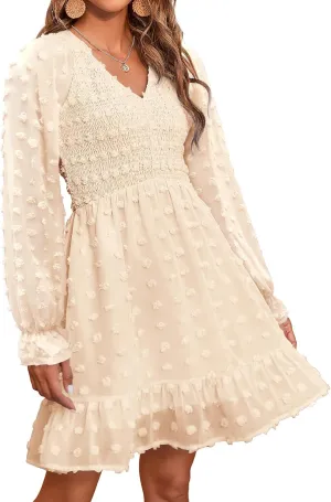 BTFBM Women Smocked Short Dress V Neck Long Sleeve Casual Swiss Dot Ruffle Chiffon Flowy Mini Summer Spring Dresses 2025