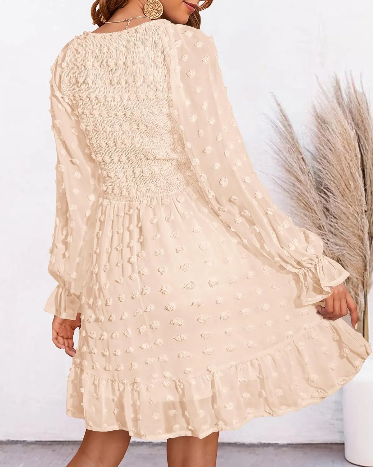 BTFBM Women Smocked Short Dress V Neck Long Sleeve Casual Swiss Dot Ruffle Chiffon Flowy Mini Summer Spring Dresses 2025