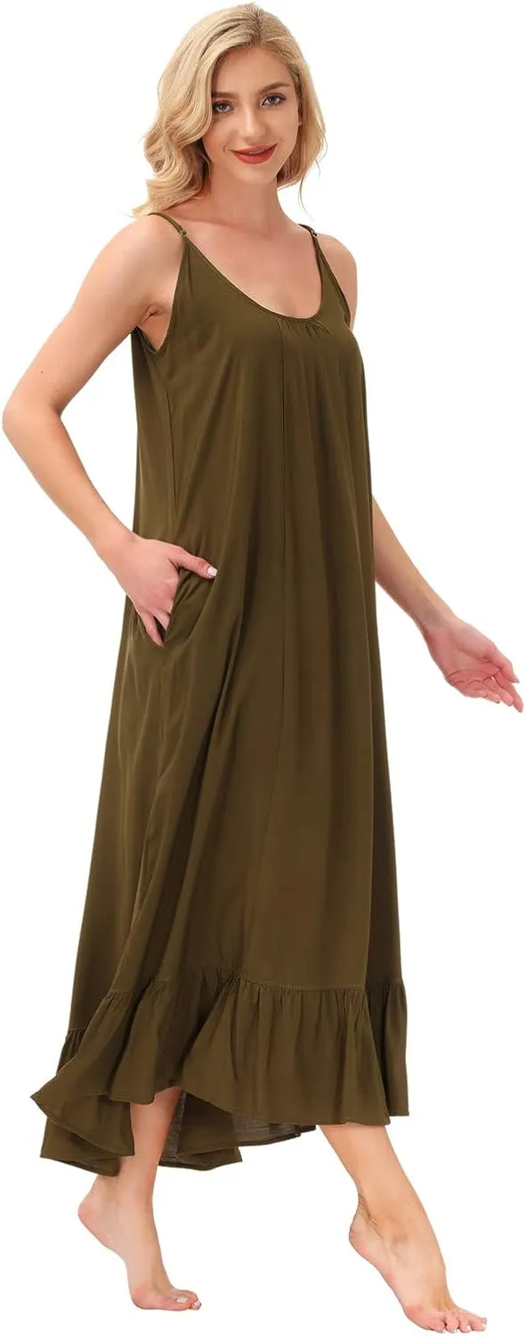 BUENOS NINOS Women's V Neck Floral Maxi Dress Boho Printed Adjustable Spaghetti Strap Ethnic Beach Long Dress with Pockets