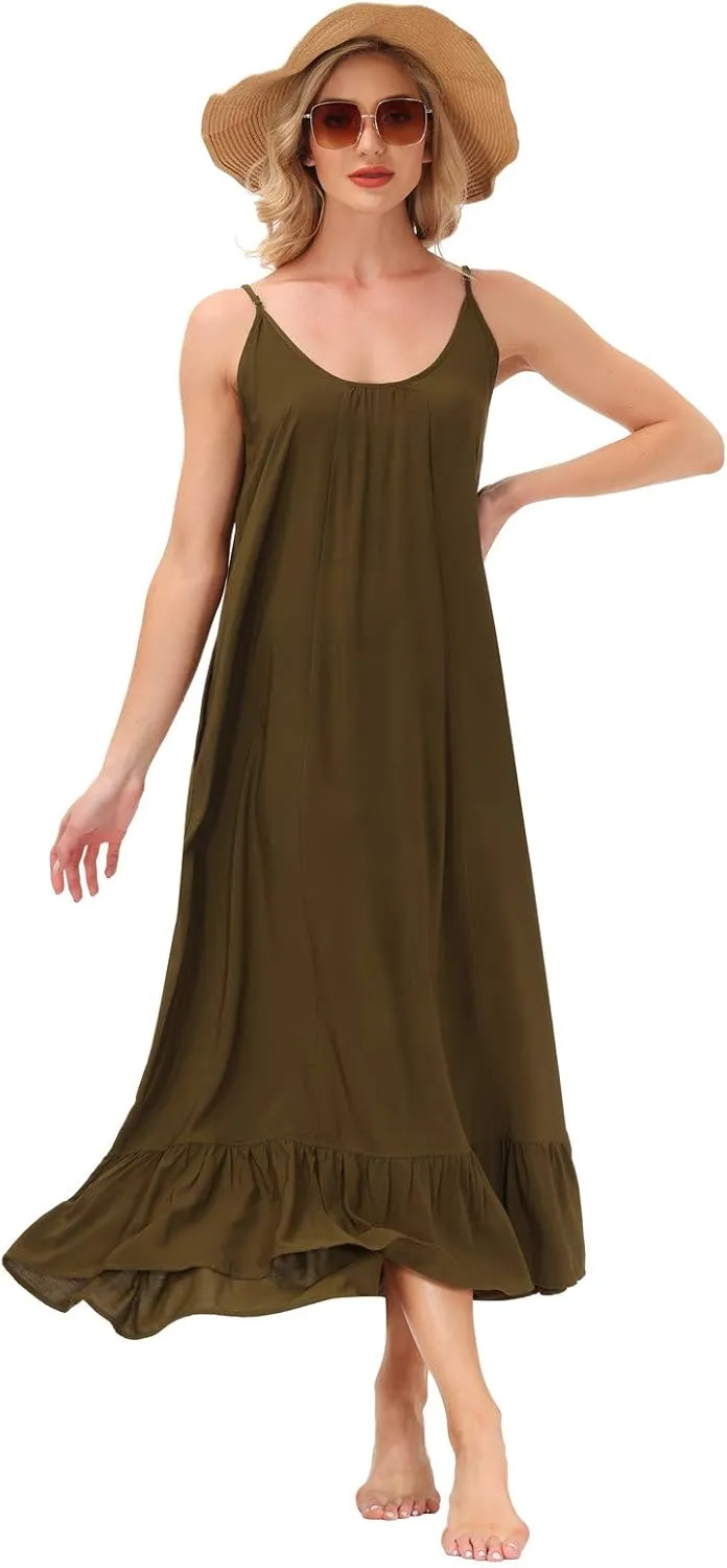 BUENOS NINOS Women's V Neck Floral Maxi Dress Boho Printed Adjustable Spaghetti Strap Ethnic Beach Long Dress with Pockets