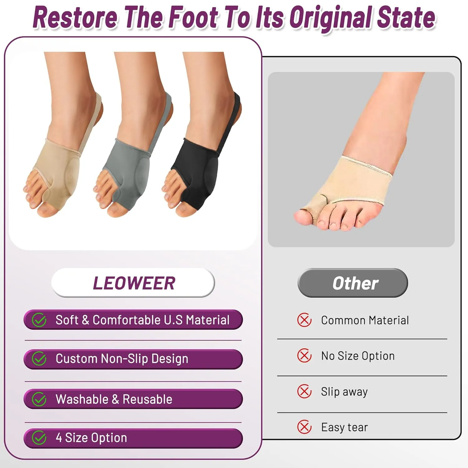 Bunion Corrector Sleeve, Breathable Bunion Big Toe Alignment Splint with Anti-Slip Heel Grip,4 Sizes,Extra Thick Gel Pads & Adjustable Straps for Hallux Valgus Comfort.