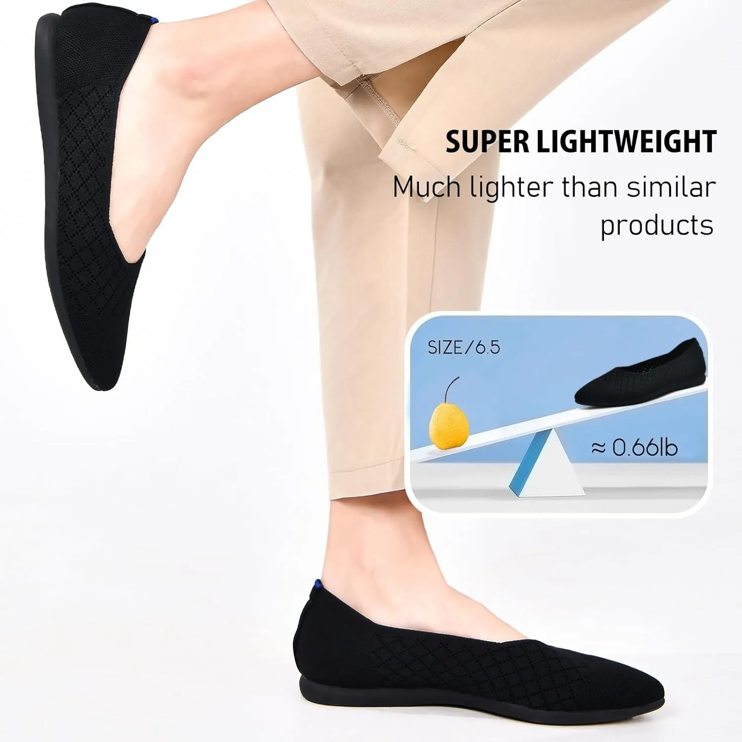 Buyrew Women's Flats Pointed Toe Ballet Shoes Knit Dress Shoes Low Wedge Slip On Arch Support Walking Office Business Flats