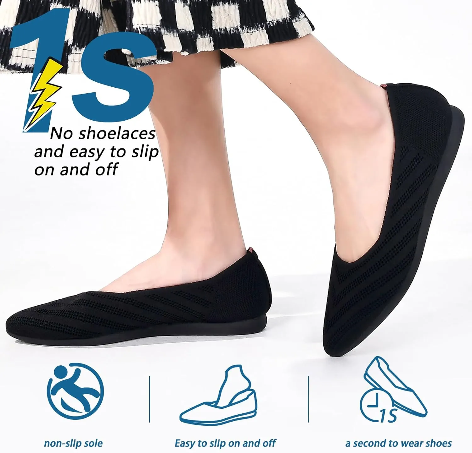 Buyrew Women's Flats Pointed Toe Ballet Shoes Knit Dress Shoes Low Wedge Slip On Arch Support Walking Office Business Flats