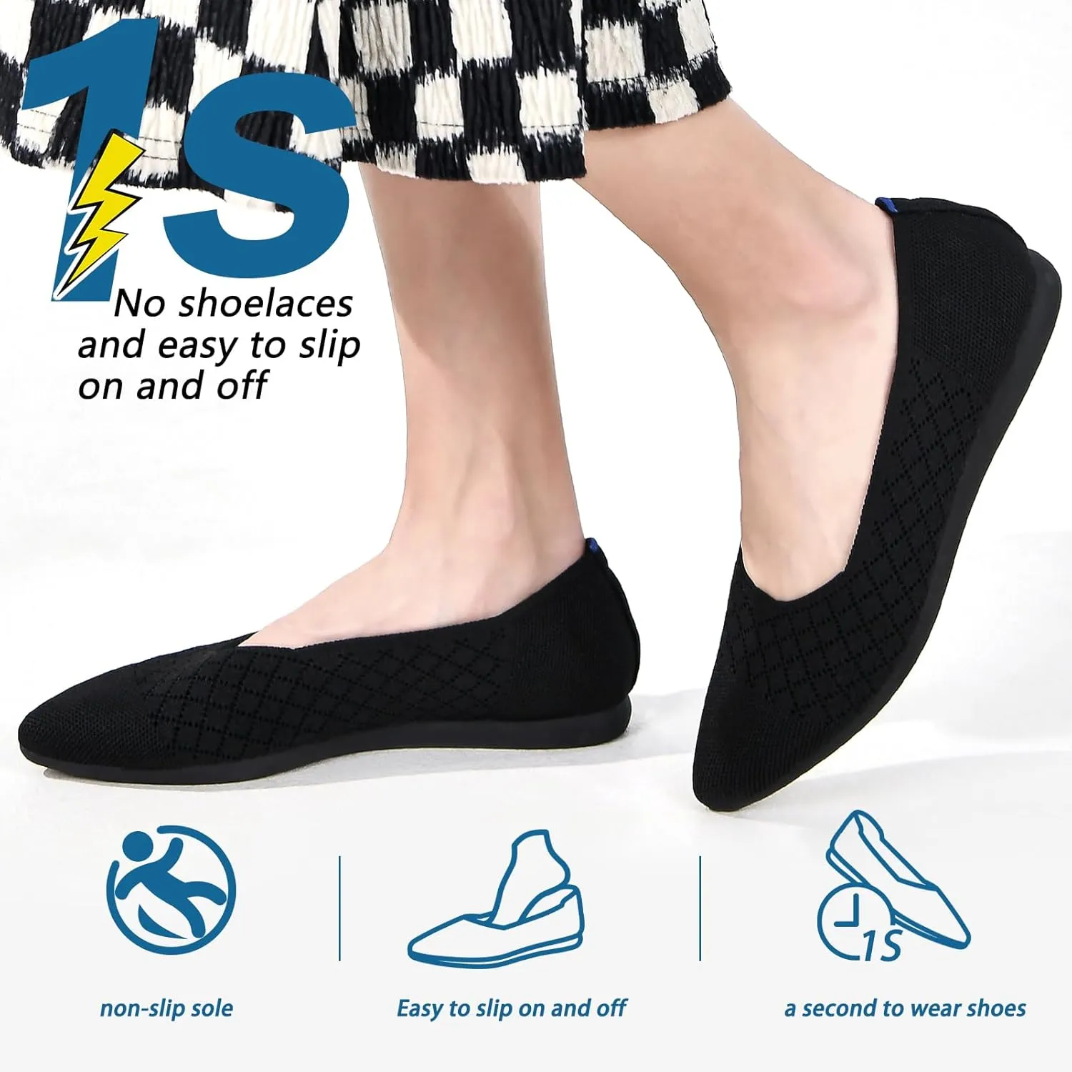 Buyrew Women's Flats Pointed Toe Ballet Shoes Knit Dress Shoes Low Wedge Slip On Arch Support Walking Office Business Flats