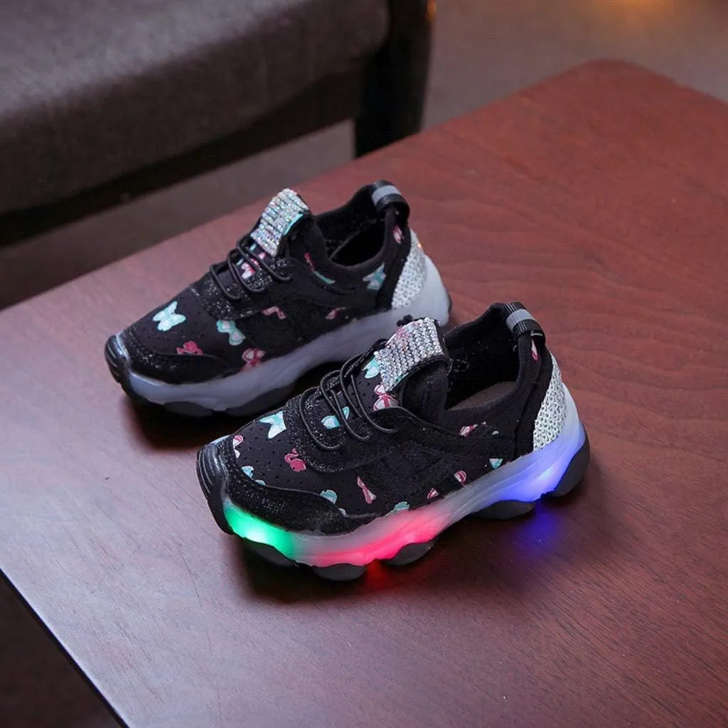 Children Kid Baby Girls Butterfly Crystal Luminous Sport Run Shoes Led Light Luminous Outdoor Sport Shoes