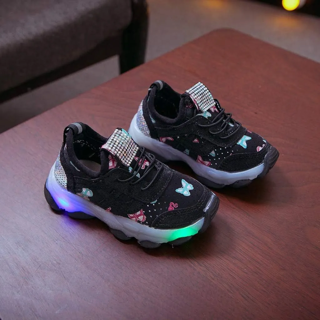 Children Kid Baby Girls Butterfly Crystal Luminous Sport Run Shoes Led Light Luminous Outdoor Sport Shoes