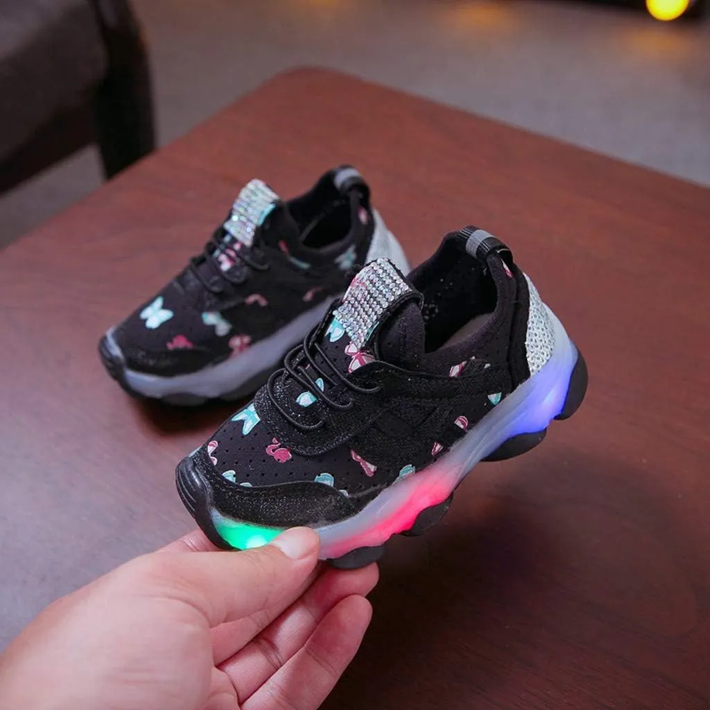 Children Kid Baby Girls Butterfly Crystal Luminous Sport Run Shoes Led Light Luminous Outdoor Sport Shoes
