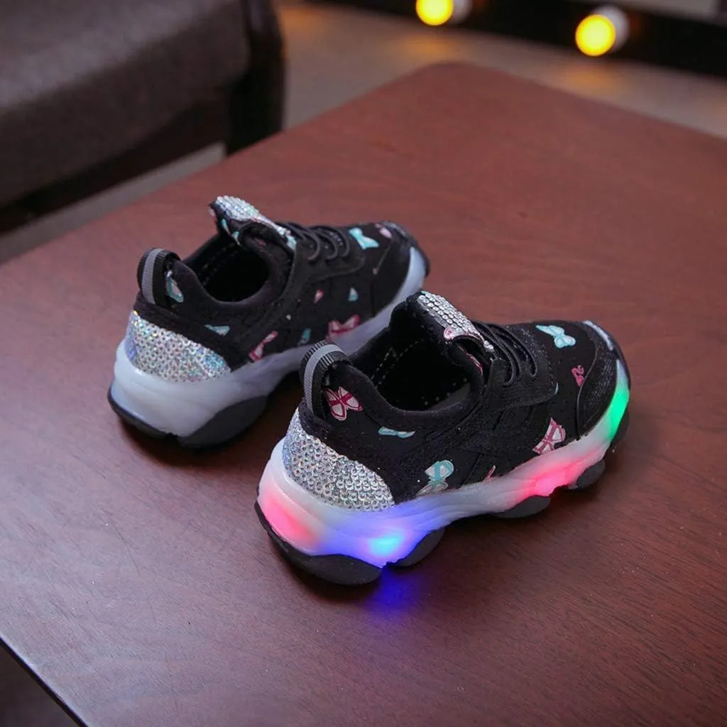 Children Kid Baby Girls Butterfly Crystal Luminous Sport Run Shoes Led Light Luminous Outdoor Sport Shoes