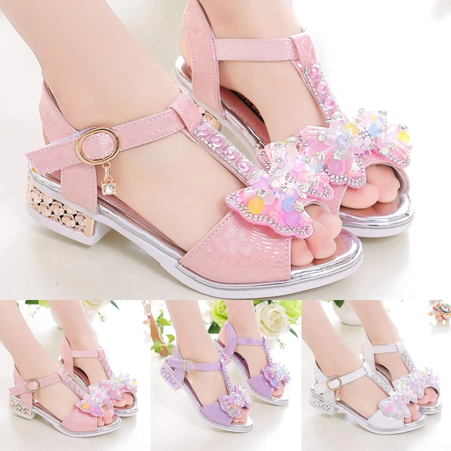 Children Shoes Diamond Butterfly Sandals Summer Fashion Thick Soles Open Toe Student Dance Princess Shoes