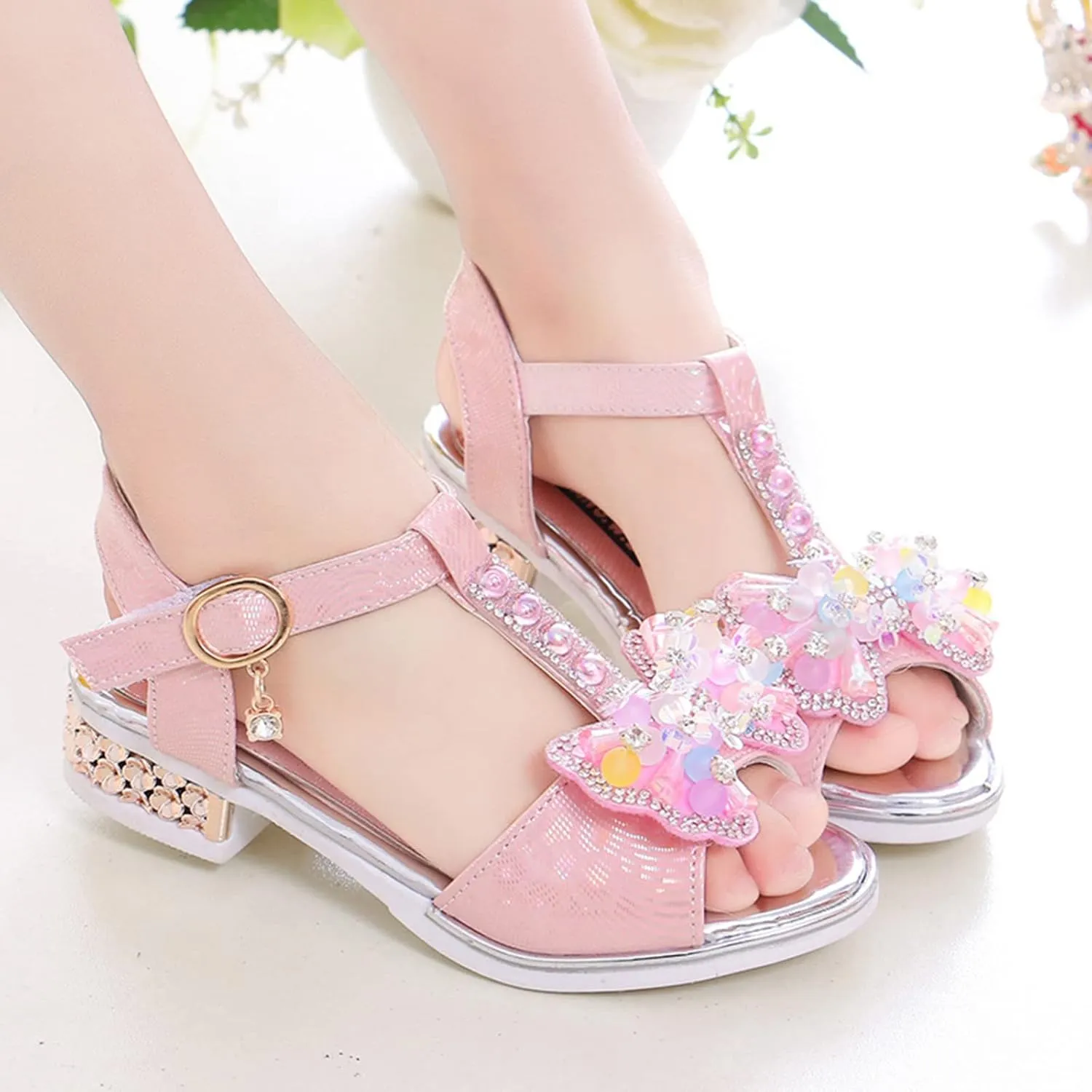 Children Shoes Diamond Butterfly Sandals Summer Fashion Thick Soles Open Toe Student Dance Princess Shoes