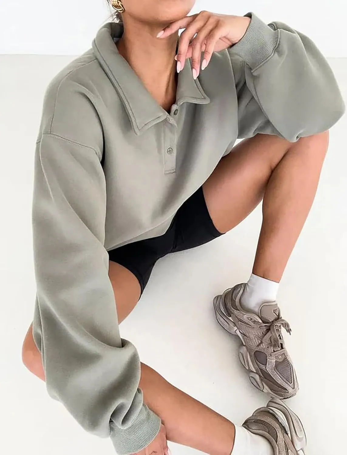 Cioatin Women Oversize Fleece Button Up Collar Polo Neck Sweatshirt Top Loose Drop Shoulder Hoodie Pullover Fall Outfits