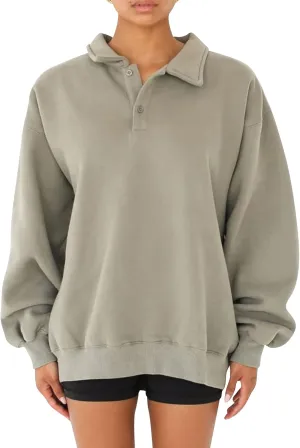 Cioatin Women Oversize Fleece Button Up Collar Polo Neck Sweatshirt Top Loose Drop Shoulder Hoodie Pullover Fall Outfits