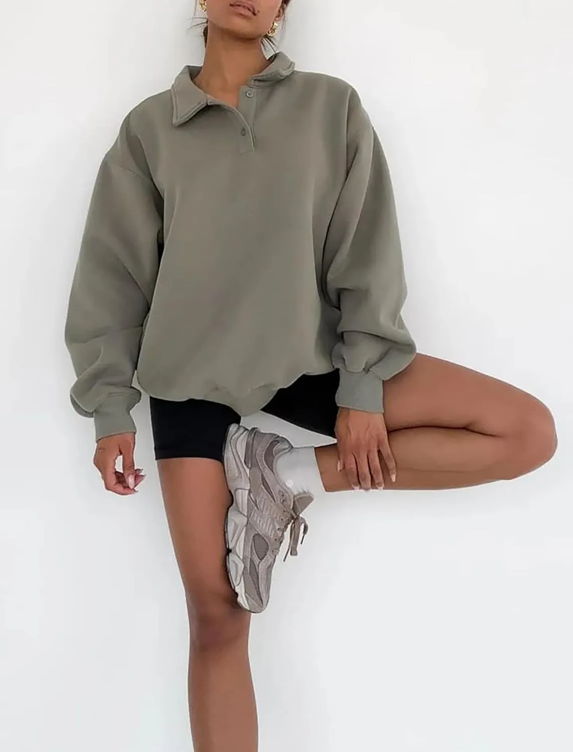 Cioatin Women Oversize Fleece Button Up Collar Polo Neck Sweatshirt Top Loose Drop Shoulder Hoodie Pullover Fall Outfits