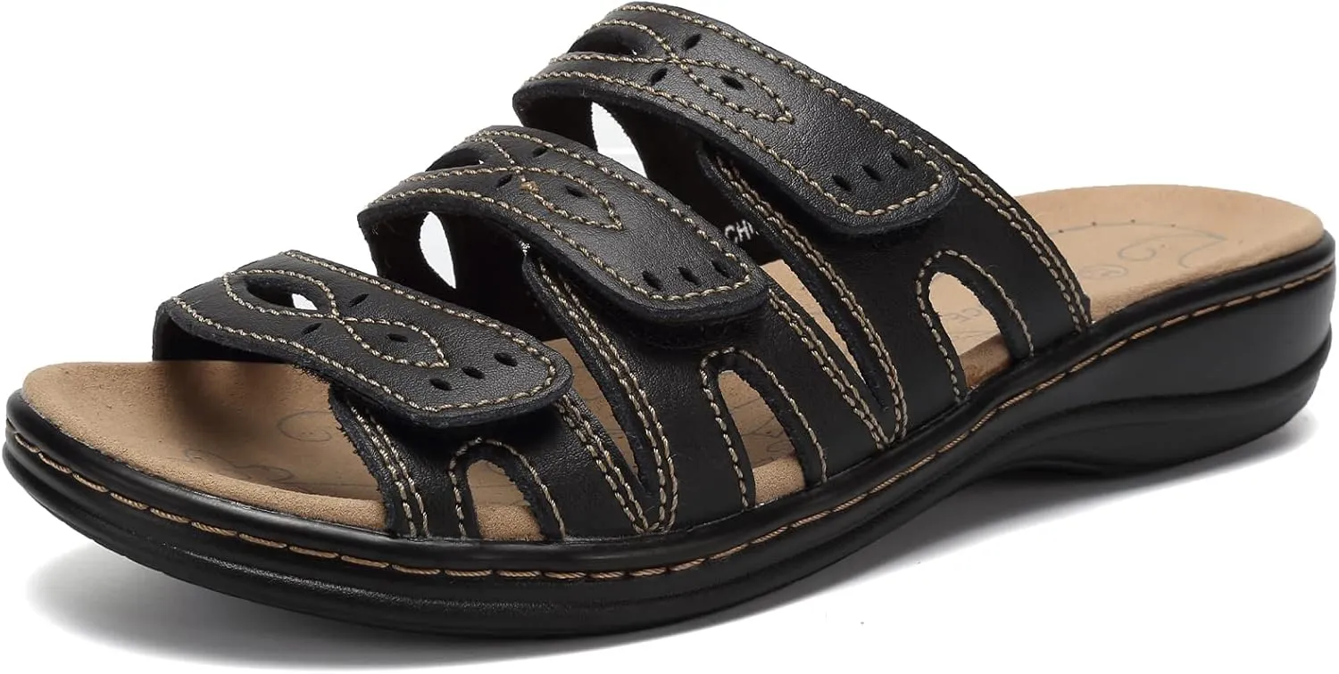 CIOR Women's Classic Leather Sandals, Black, Flat, Open Toe, Arch Support, Adjustable Strap, Casual, Water Resistant, Perfect for Beach, Street, Shopping, Dating, Vacation, Pool, Party