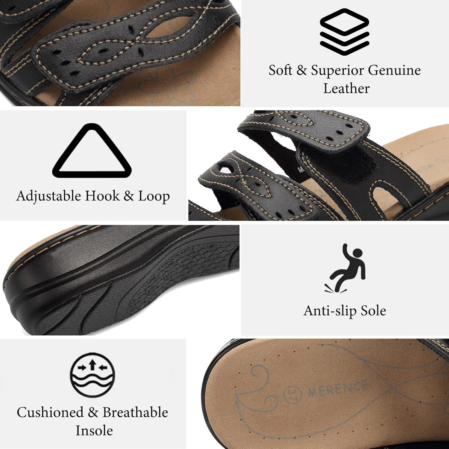 CIOR Women's Classic Leather Sandals, Black, Flat, Open Toe, Arch Support, Adjustable Strap, Casual, Water Resistant, Perfect for Beach, Street, Shopping, Dating, Vacation, Pool, Party