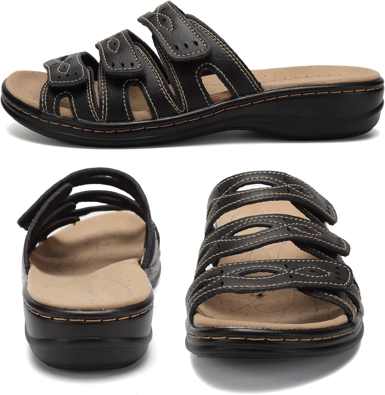 CIOR Women's Classic Leather Sandals, Black, Flat, Open Toe, Arch Support, Adjustable Strap, Casual, Water Resistant, Perfect for Beach, Street, Shopping, Dating, Vacation, Pool, Party
