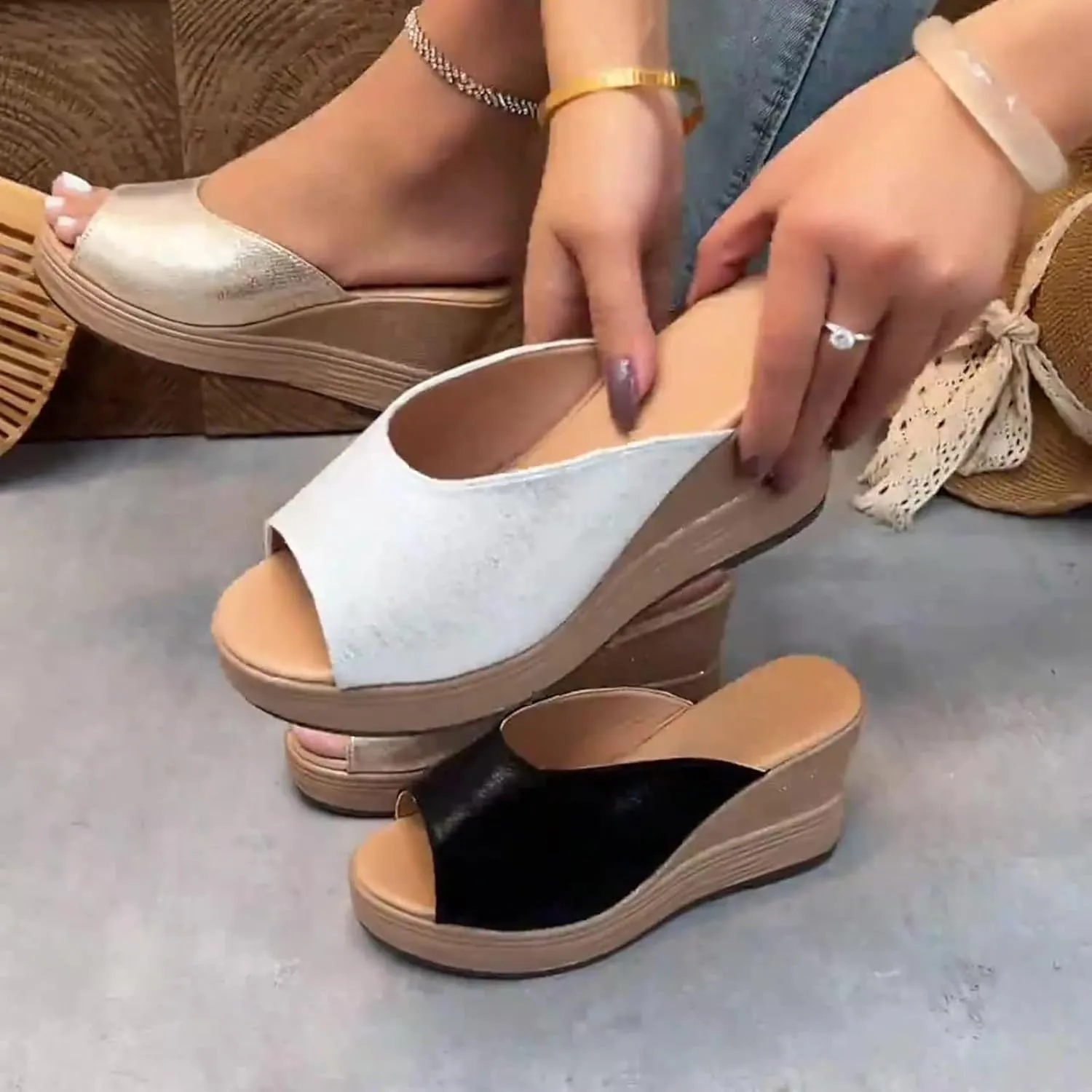 Cork Platform Sandals For Women Dressy Open Toe Wedge Sandals Summer Slip On Backless Beach Slides Trendy Wide Width Fish Mouth House Slippers
