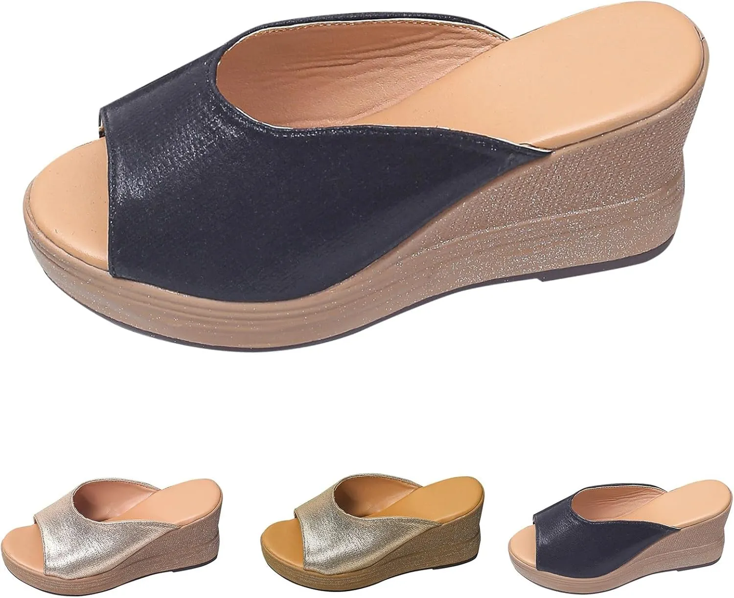 Cork Platform Sandals For Women Dressy Open Toe Wedge Sandals Summer Slip On Backless Beach Slides Trendy Wide Width Fish Mouth House Slippers