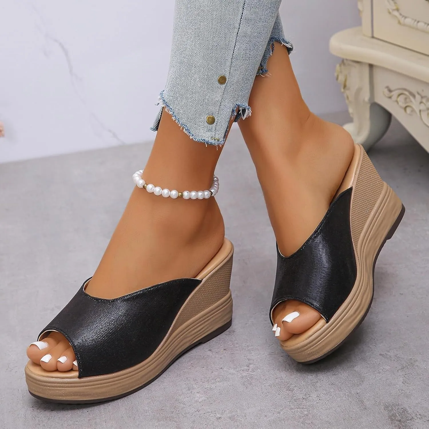 Cork Platform Sandals For Women Dressy Open Toe Wedge Sandals Summer Slip On Backless Beach Slides Trendy Wide Width Fish Mouth House Slippers