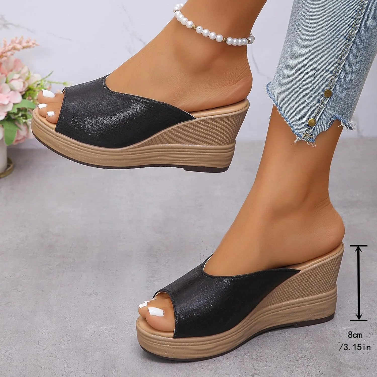 Cork Platform Sandals For Women Dressy Open Toe Wedge Sandals Summer Slip On Backless Beach Slides Trendy Wide Width Fish Mouth House Slippers