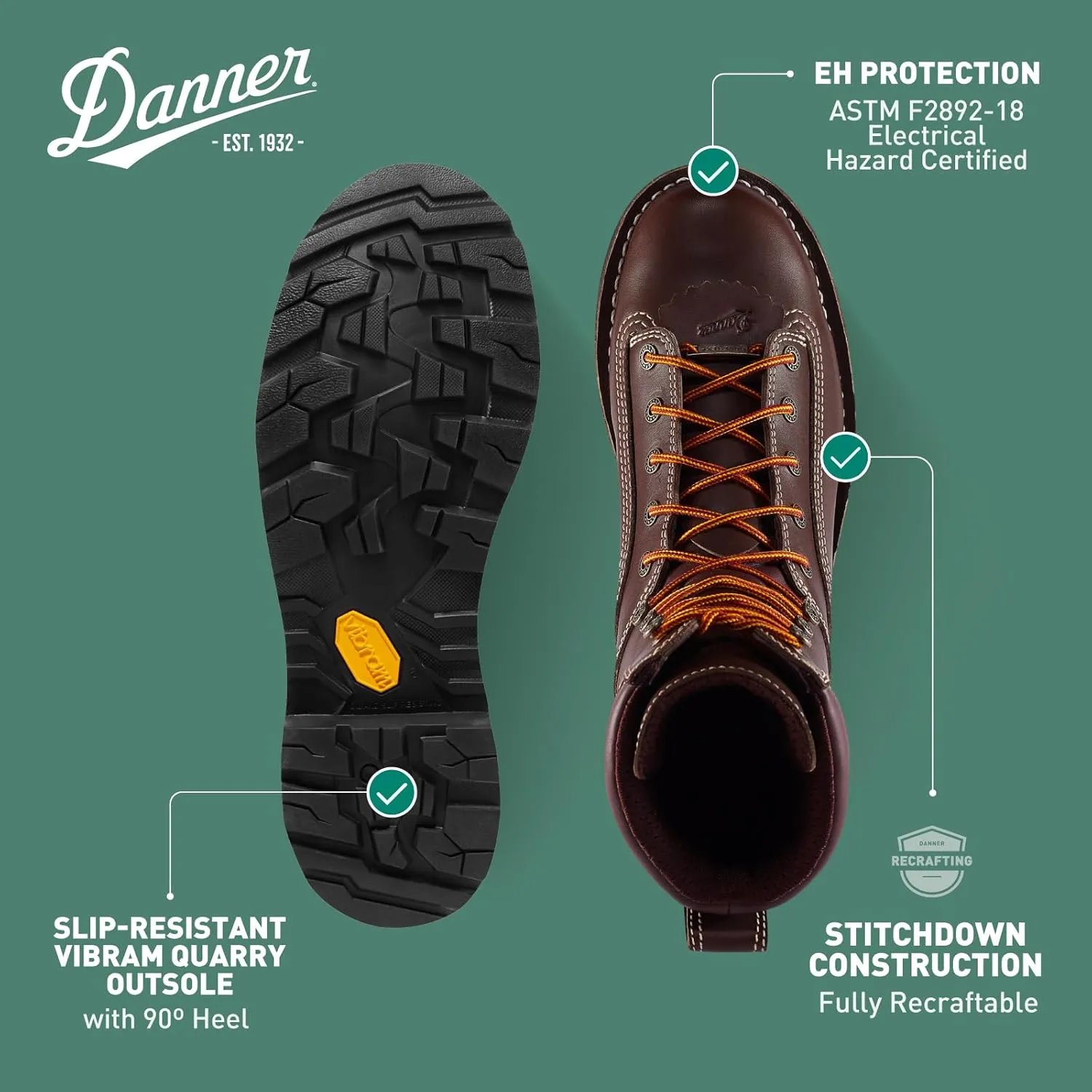 Danner 8” Quarry USA Waterproof Work Boots for Men - Full-Grain Leather with Gore-Tex, 3-Density Cushion Footbed & Traction Heel Outsole, EH Resistant