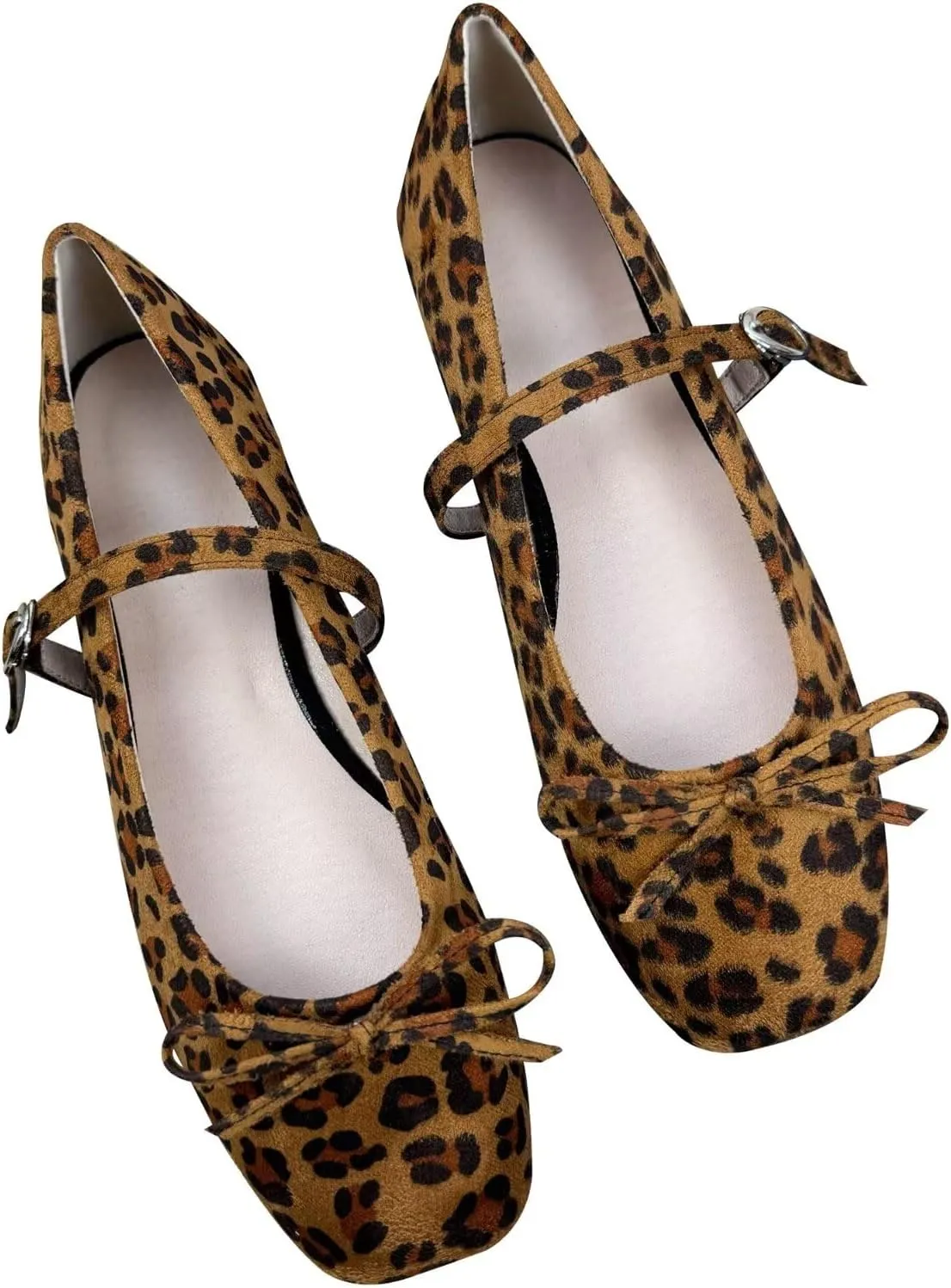 Dear Time Women's Faux Suede Mary Janes Bow Flats Buckle Strap Shoes Square Toe Comfortable Ballet Flats