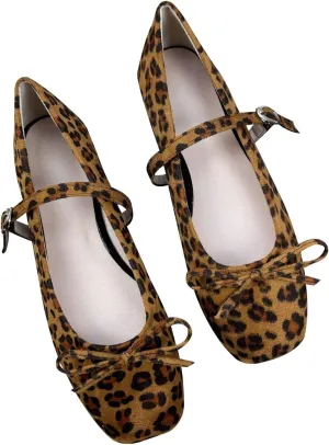 Dear Time Women's Faux Suede Mary Janes Bow Flats Buckle Strap Shoes Square Toe Comfortable Ballet Flats