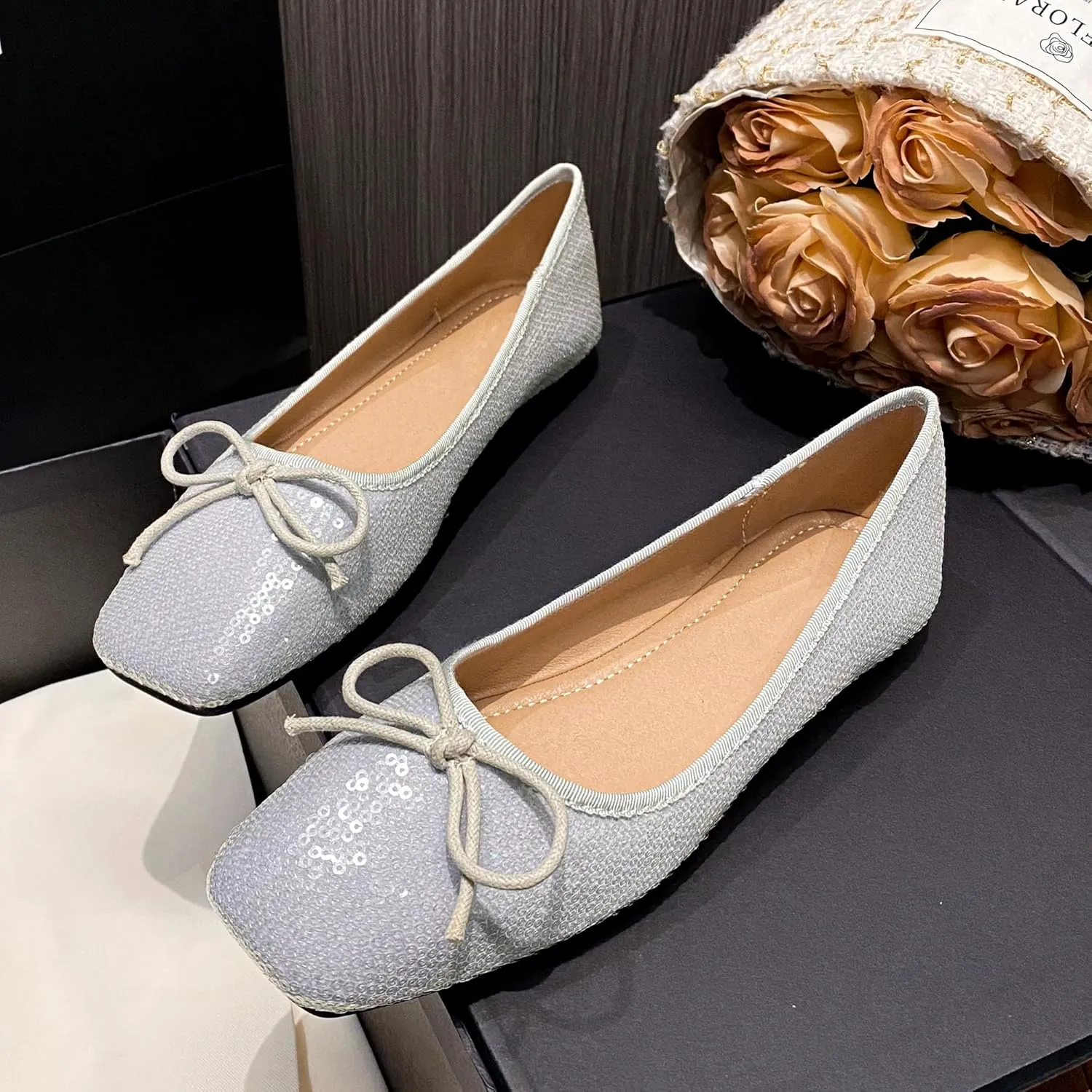 Dear Time Women's Sequin Flats Glitter Shoes Bow Dance Ballets Party Sparkly Flat Dress Shoes