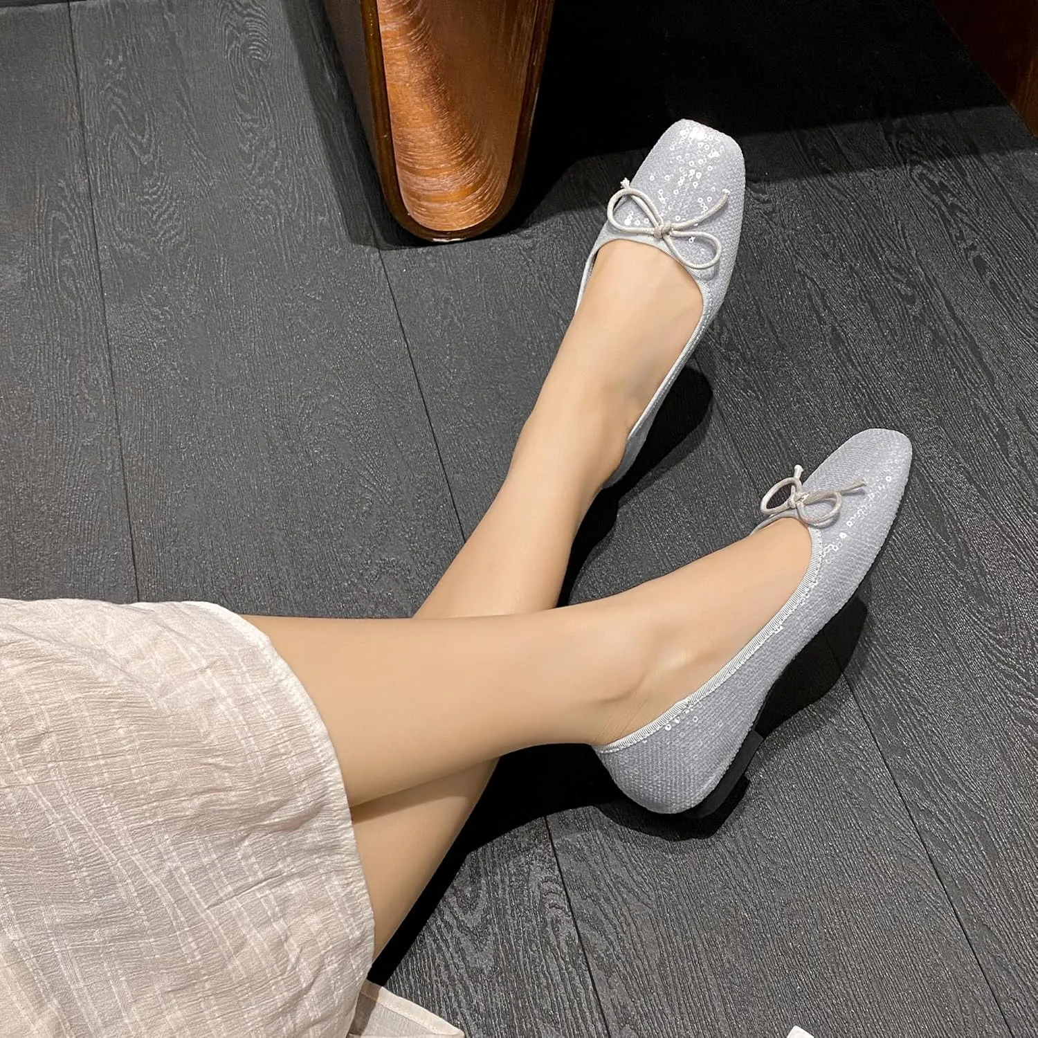 Dear Time Women's Sequin Flats Glitter Shoes Bow Dance Ballets Party Sparkly Flat Dress Shoes