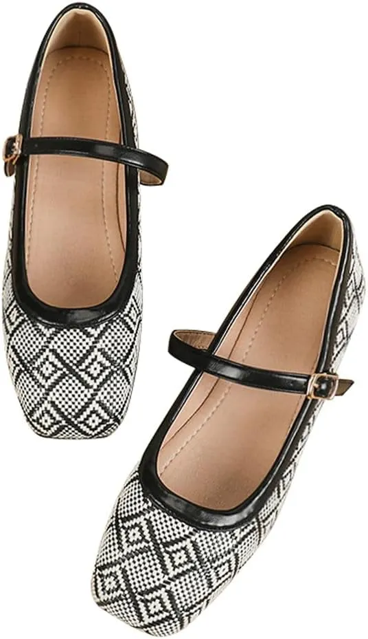 Dear Time Women's Vintage Mary Jane Shoes Ankle Strap Square Toe Flats Uniform Dress Shoes Ballet Flats