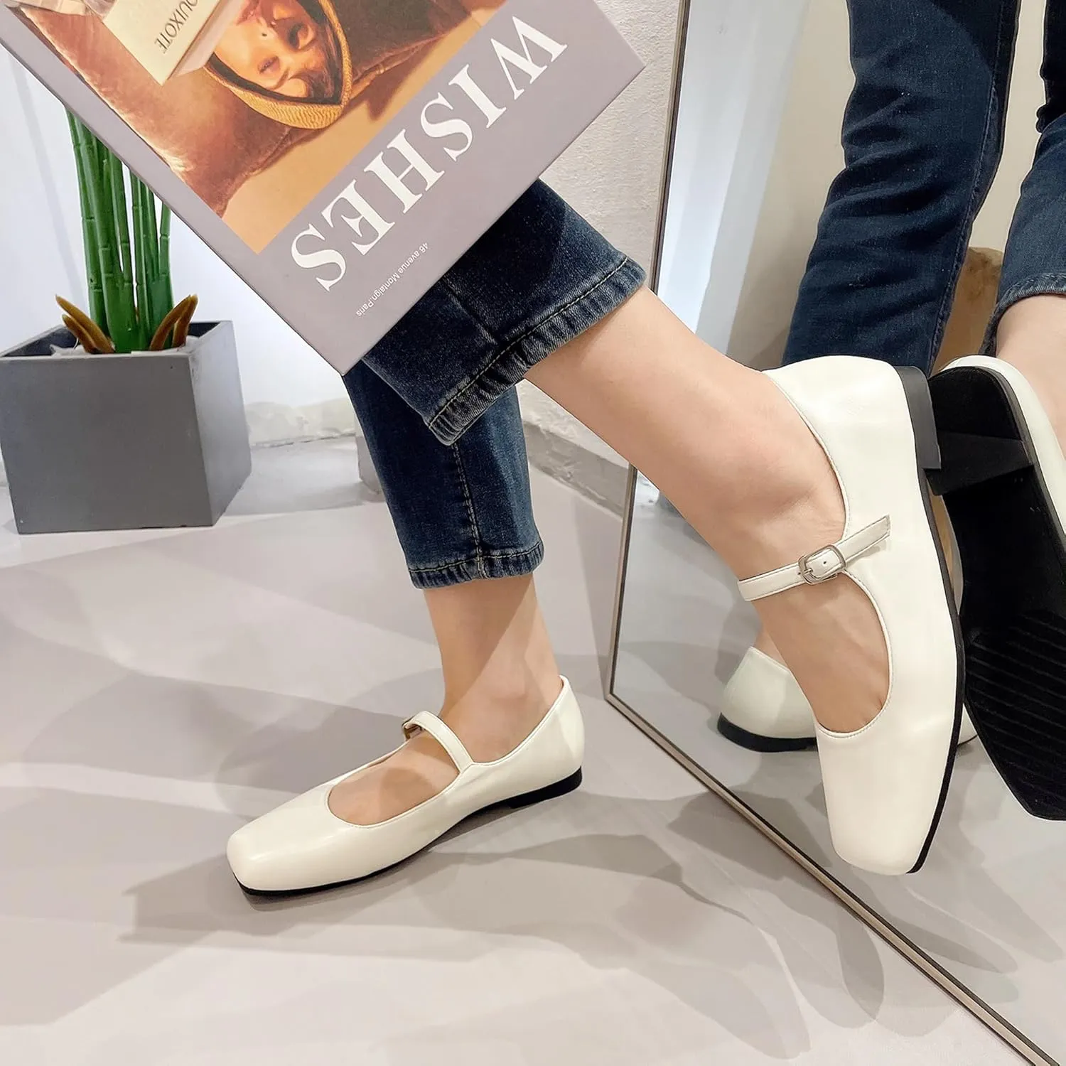Dear Time Women's Vintage Mary Jane Shoes Ankle Strap Square Toe Flats Uniform Dress Shoes Ballet Flats
