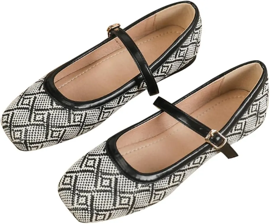 Dear Time Women's Vintage Mary Jane Shoes Ankle Strap Square Toe Flats Uniform Dress Shoes Ballet Flats