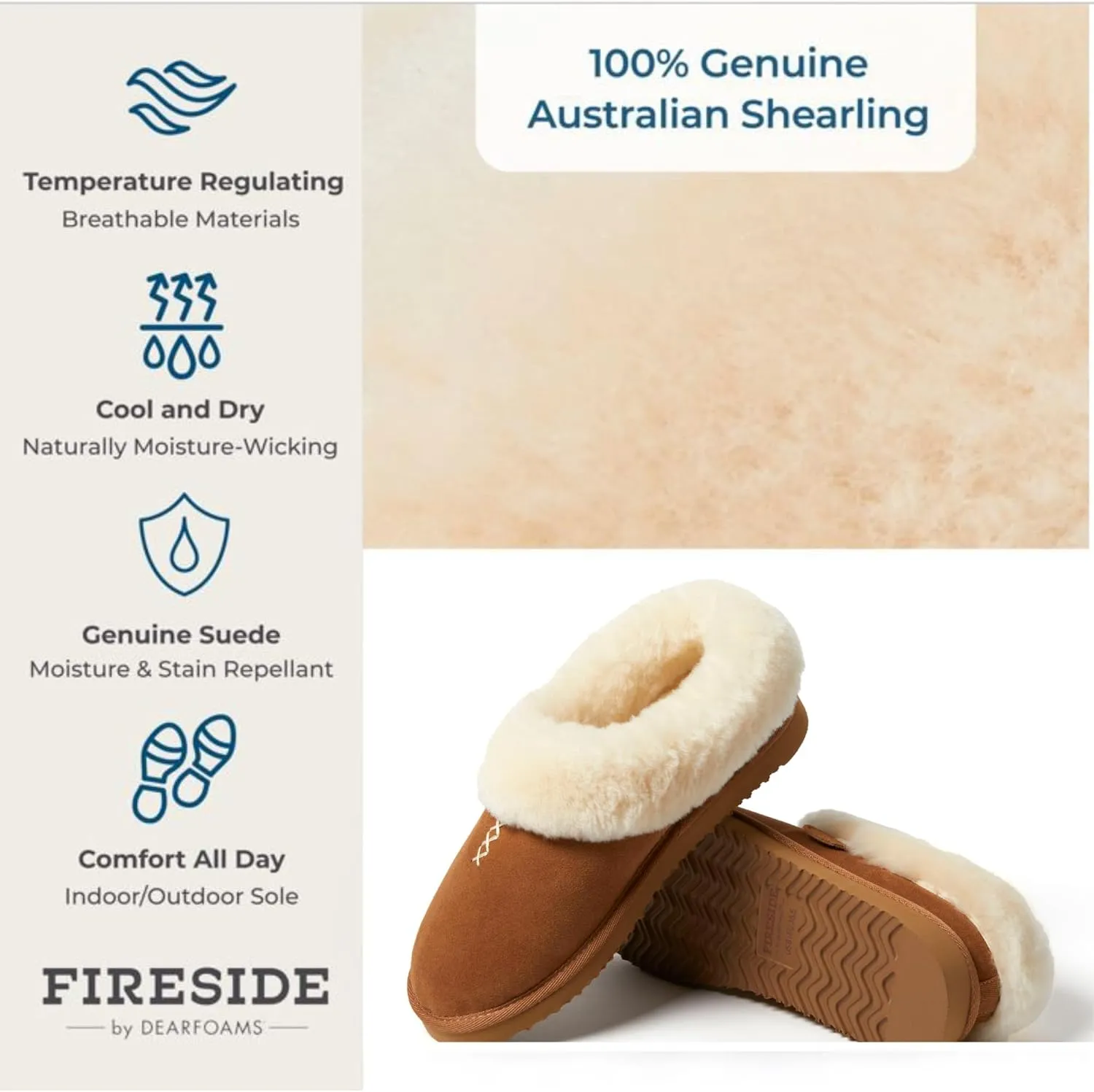 Dearfoams Fireside Adelaide Genuine Shearling Soft Comfy Memory Foam Plush Indoor House Shoe Clog Slipper