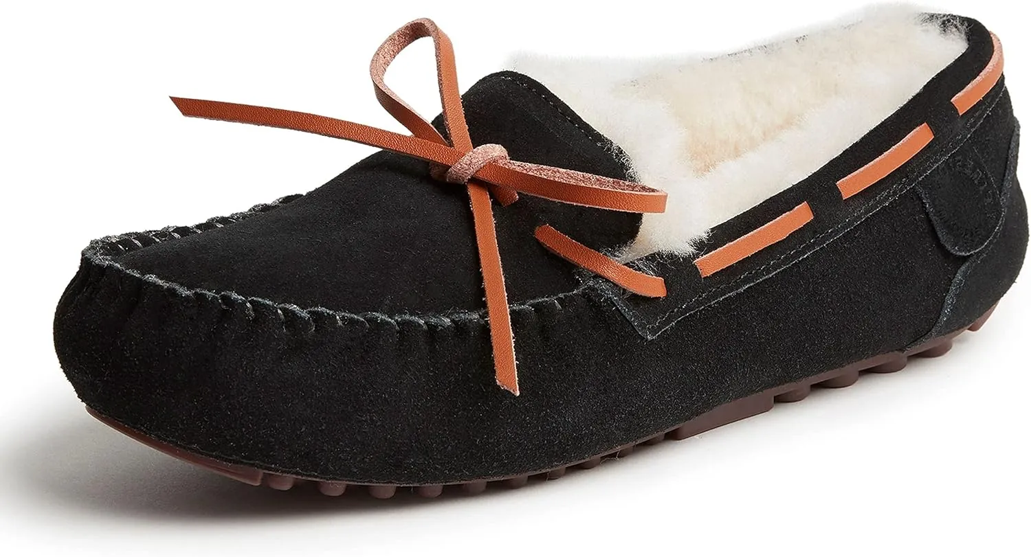 Dearfoams Women's Fireside Water Resistant Genuine Shearling Victoria Moc with Tie