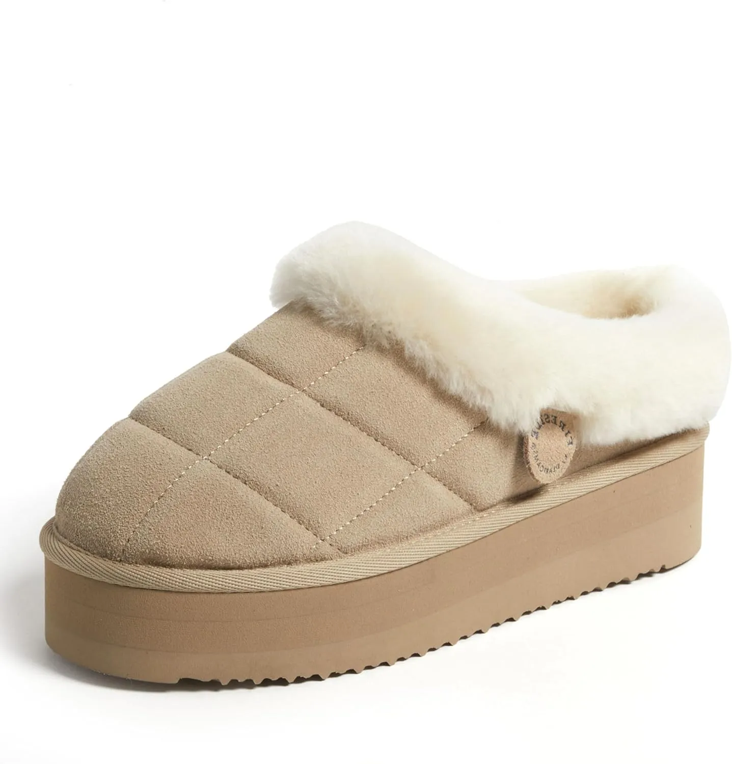 Dearfoams Women's Shearling Platform Slippers Bendigo Comfy Puff Plush Clog House Shoes