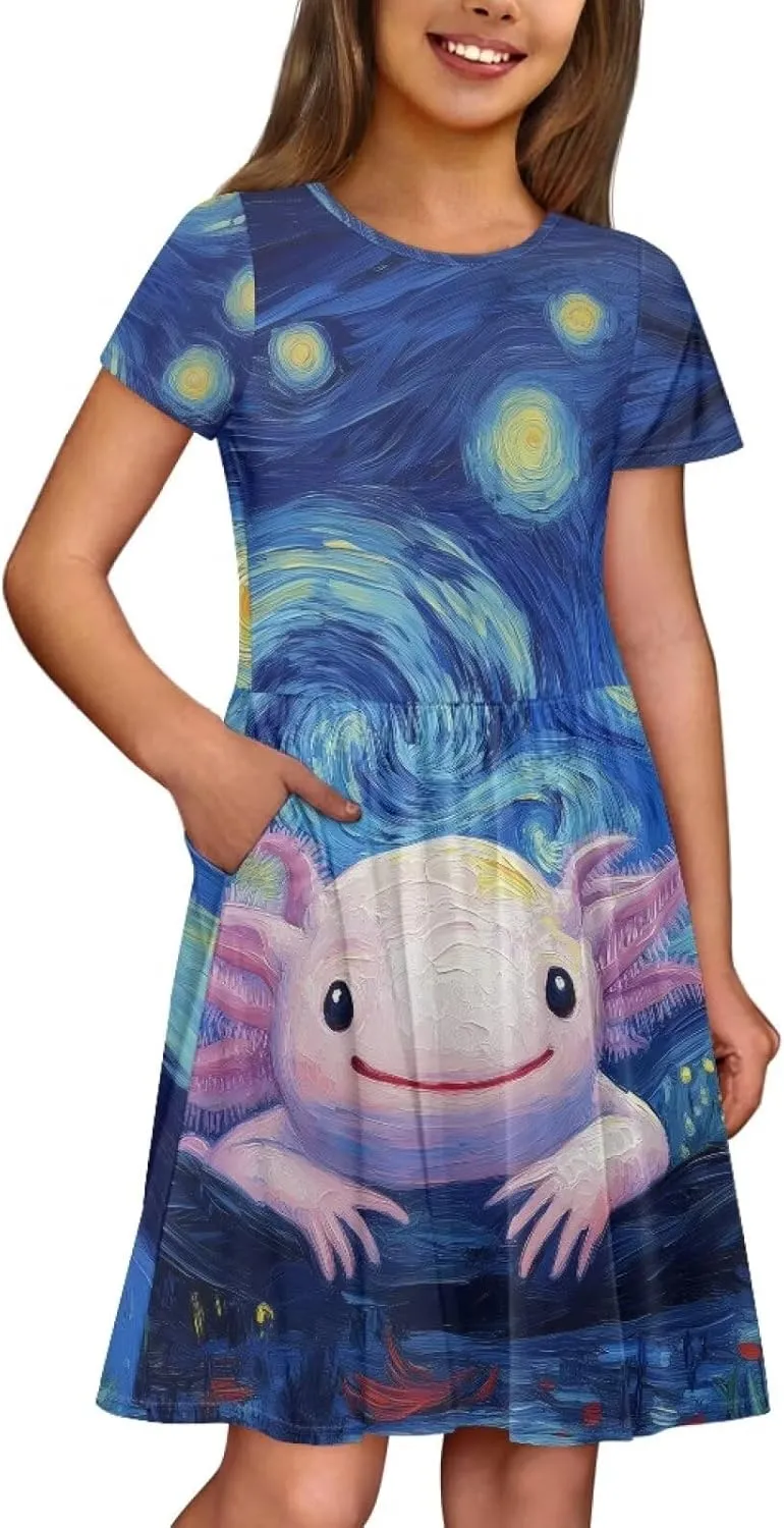 Dresses for Girls 2-14 Years Old Kids Summer Dress Casual Short Sleeve A Line Skater Dresses