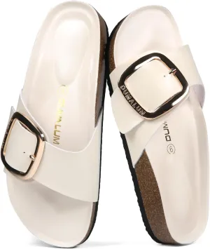 Dumalum Womens Slides Sandals Cork Footbed Flat Sandals Comfort Open Toe Buckle Flip Flops Slip On Home Slippers for Dressy Summer Beach Essentials