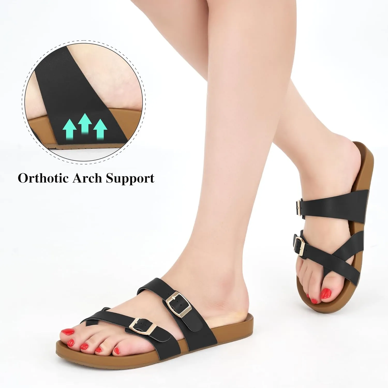 Ecetana Womens Sandals Dressy Summer Comfortable Casual Beach Flat Shoes Adjustable Buckle Slip On Walking Slides