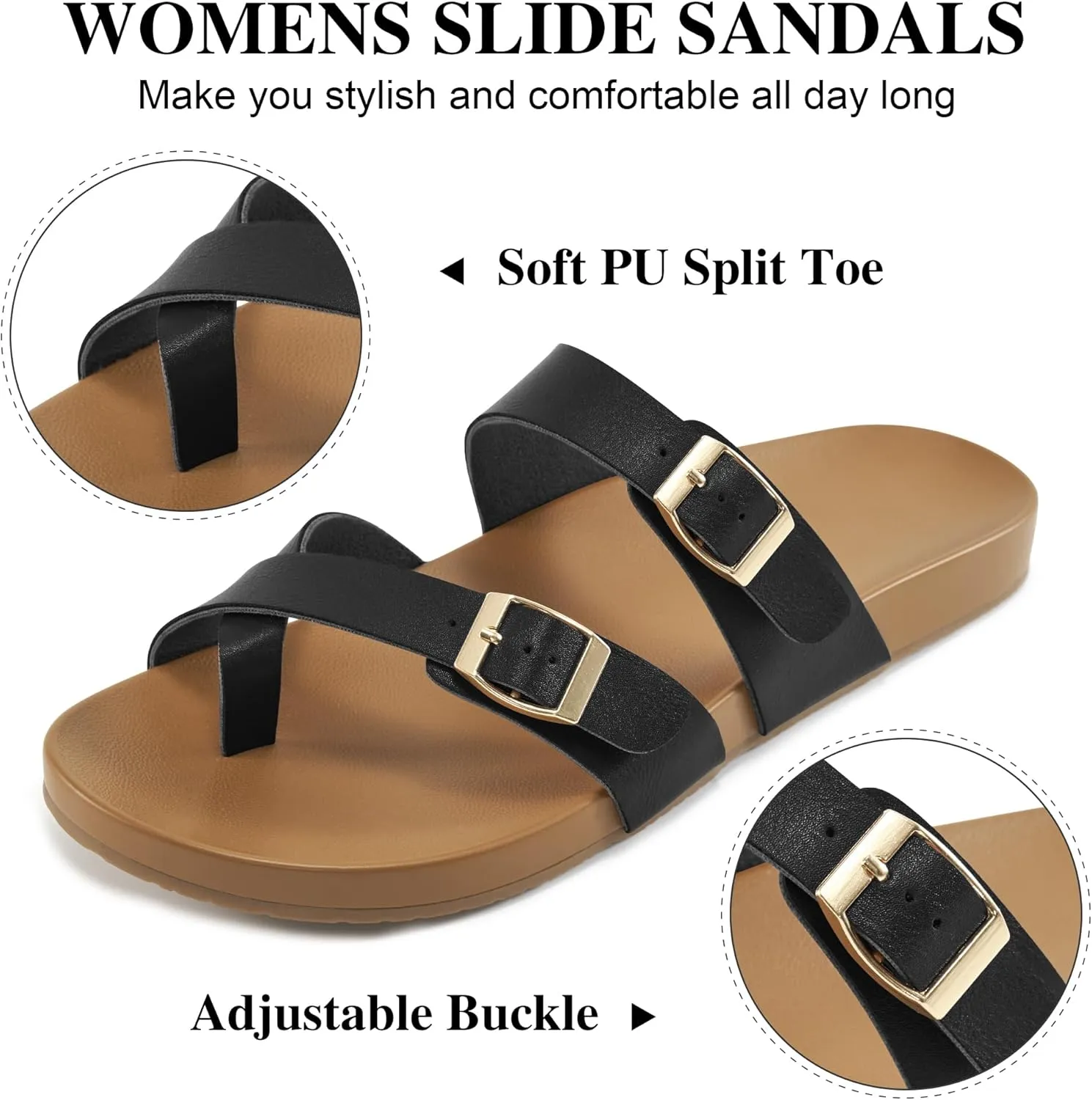 Ecetana Womens Sandals Dressy Summer Comfortable Casual Beach Flat Shoes Adjustable Buckle Slip On Walking Slides