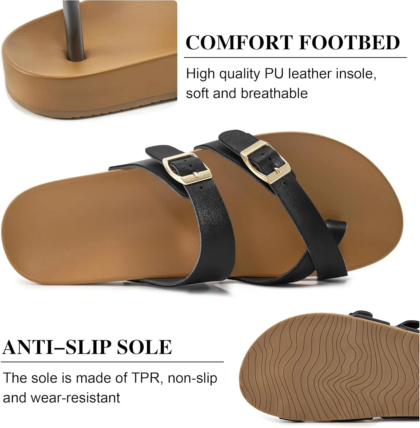 Ecetana Womens Sandals Dressy Summer Comfortable Casual Beach Flat Shoes Adjustable Buckle Slip On Walking Slides