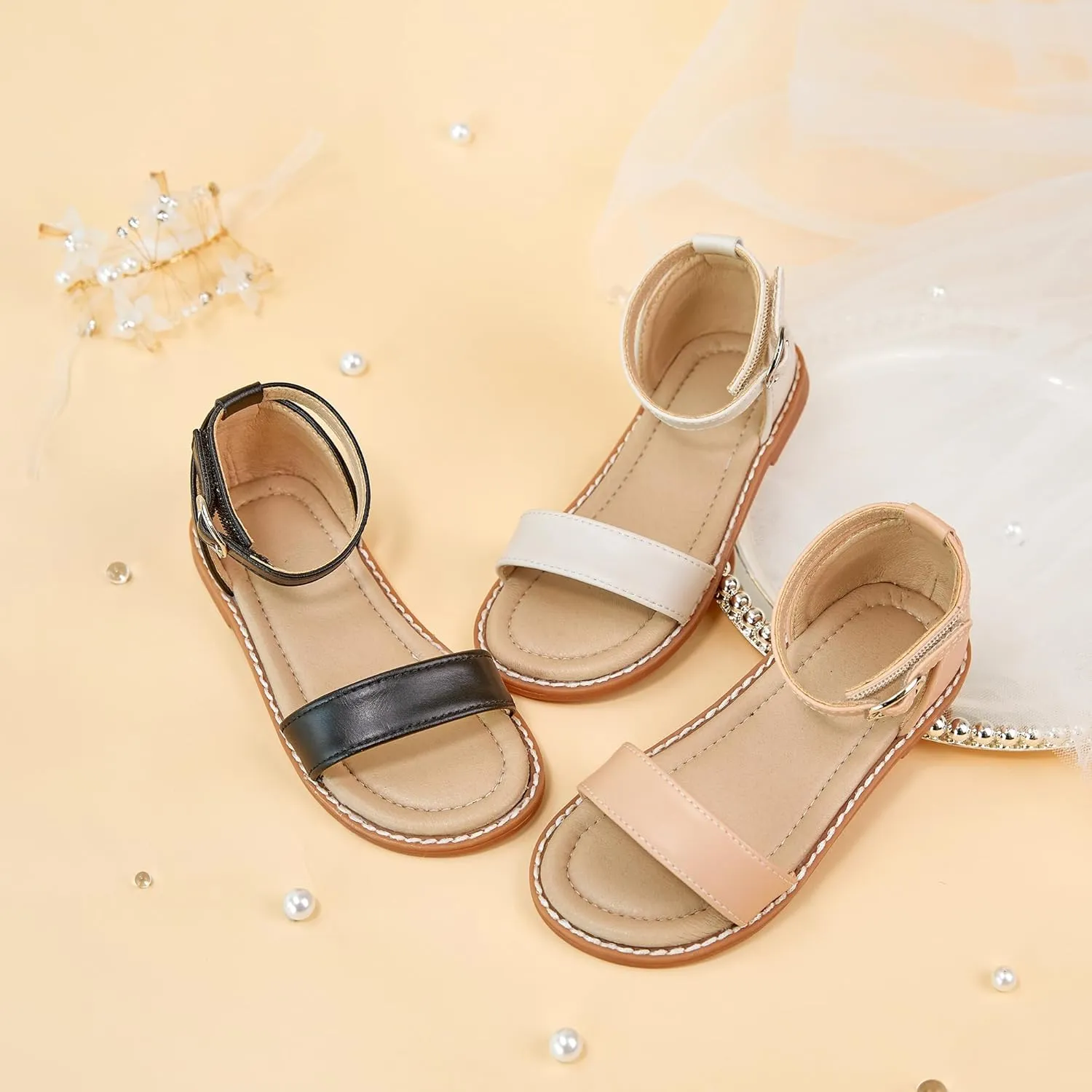 ESTINE Toddler/Little Kid Girls Dress Cross Strappy Open Toe Sandals Princess Flats Summer Flower Girl Shoes
