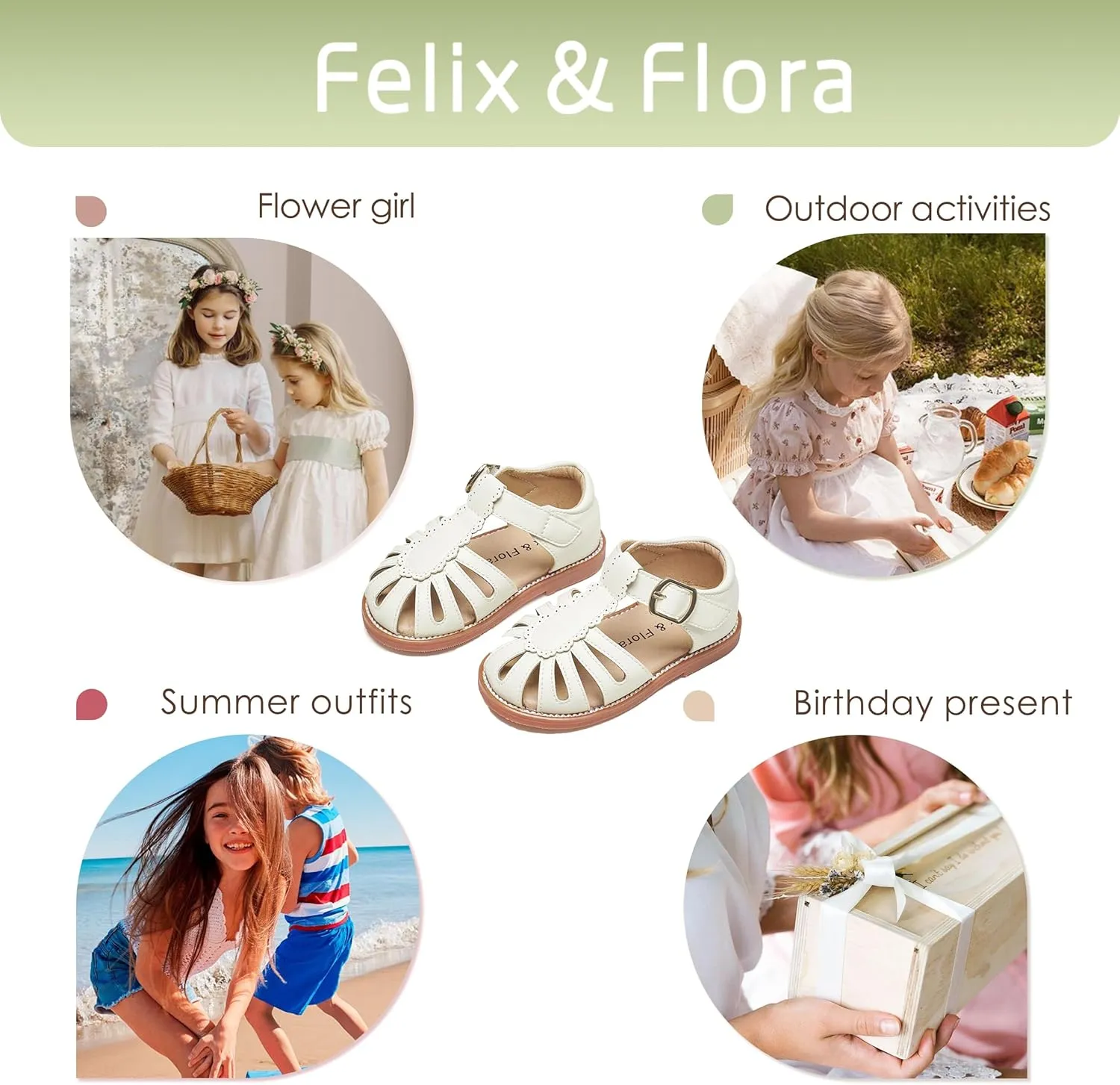 Felix & Flora Toddler Girls Sandals Soft Rubber Princess Flat Shoes Summer Flower Girl Shoes