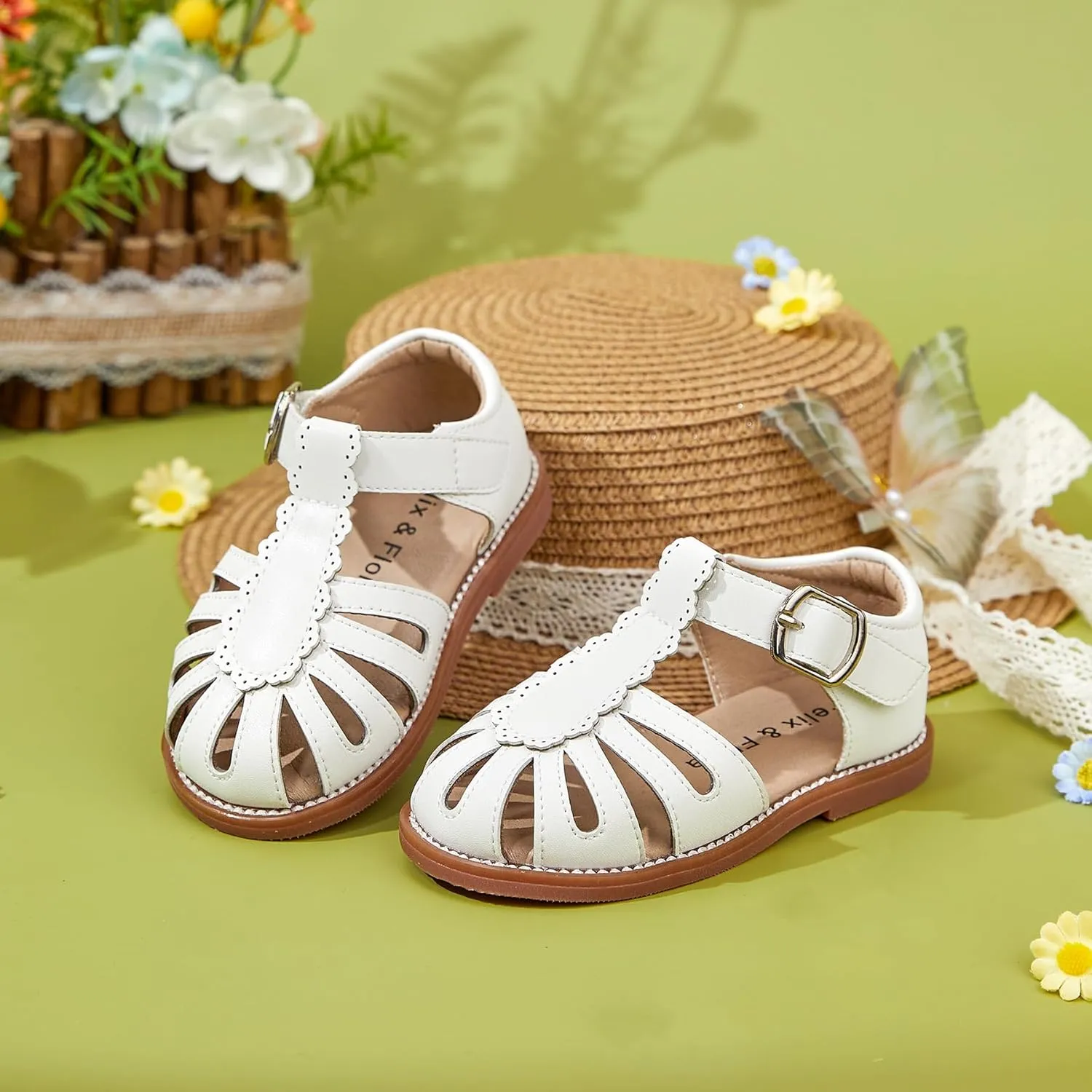 Felix & Flora Toddler Girls Sandals Soft Rubber Princess Flat Shoes Summer Flower Girl Shoes