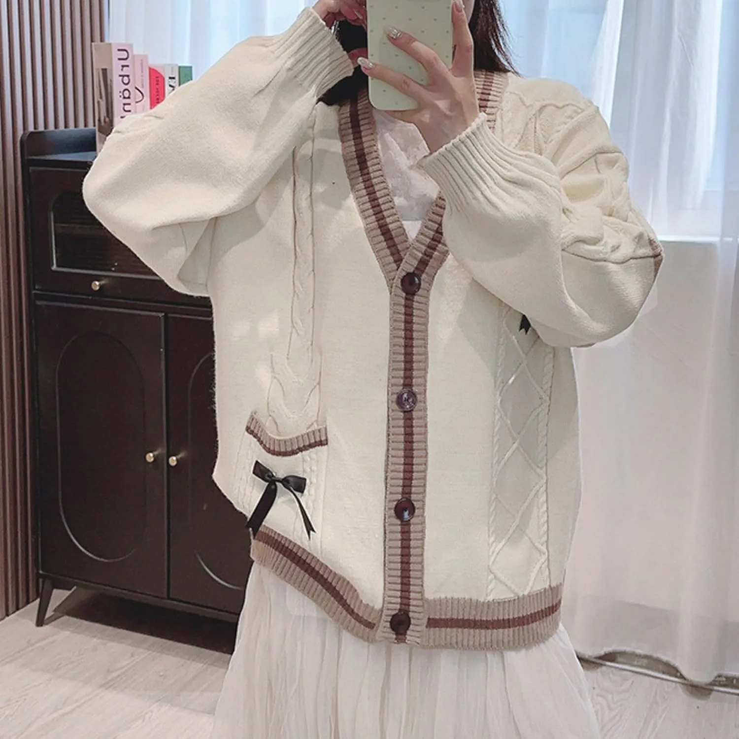 FindThy Women’s Kawaii JK School Uniform Cardigans Long Sleeve Button Up Cardigan with Pinned Bowknot