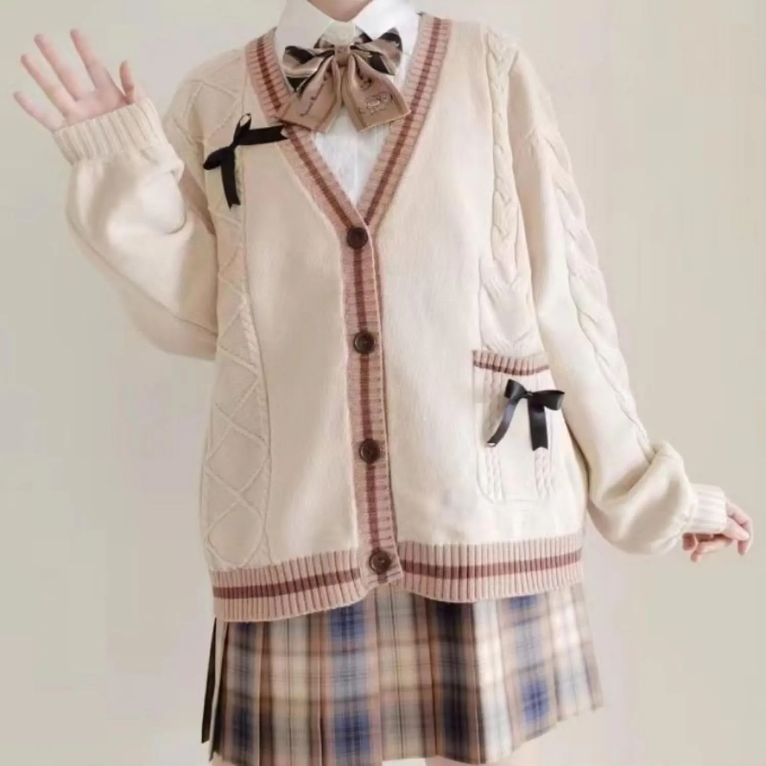FindThy Women’s Kawaii JK School Uniform Cardigans Long Sleeve Button Up Cardigan with Pinned Bowknot